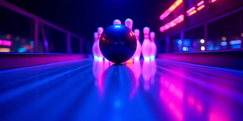 Eine Bowlingkugel, die unter Schwarzlicht auf Pins zurollt